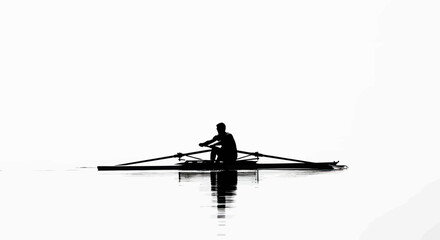 Silhouette of determined rower navigating calm waters showcasing dedication and strength against a © Roni
