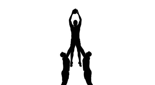 Silhouette trio performing rugby lineout demonstrating athleticism and teamwork on pristine white