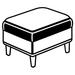 Simple black and white line art illustration of a rectangular ottoman with four tapered legs isolated on white background silhouette