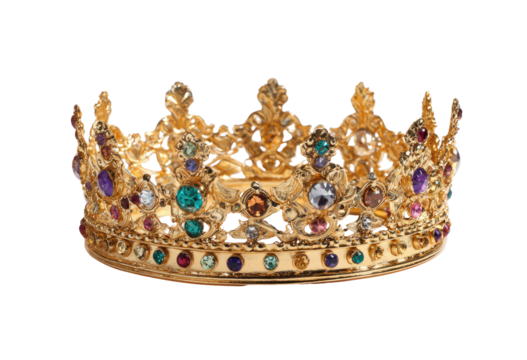 Ornate gold crown, studded with colorful gems.  A regal headpiece, circular in shape, displays intricate gold filigree and a multitude of glittering gems in various hues