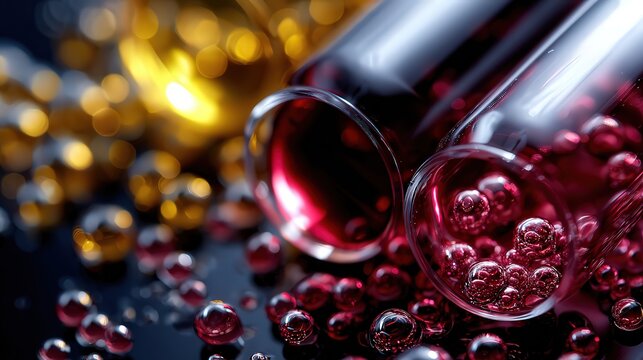 Colorful test tubes with vibrant liquids are surrounded by shimmering bubbles on a dark background, perfect for laboratory, chemistry, or scientific themes