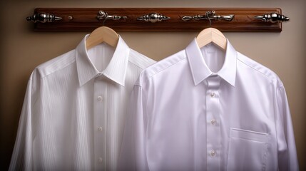 Two elegant white dress shirts hang on wooden hangers against a neutral background, showcasing different styles, This image is ideal for fashion retail, tailoring services