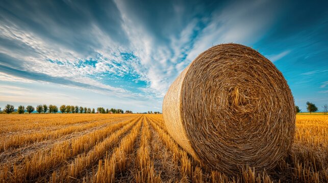 Hay Bale in Golden Field Under a Dramatic Sky: Rural Farming Landscape Scene