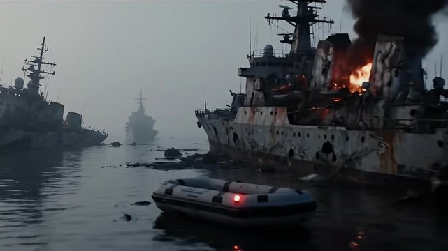The desolate aftermath of a naval battle with a burning warship and smoke-filled harbor.
