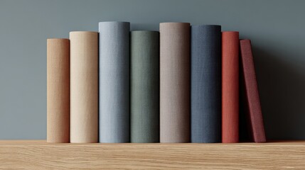 Naklejka premium Collection of Hardcover Books in Various Colors Arranged on Wooden Shelf Against a Solid Background