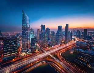 Fototapeta premium 都市の夜景_Modern city skyline at night, illuminated skyscrapers, light trails of cars