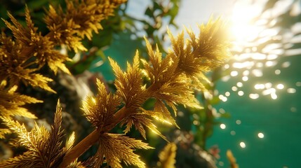 A close-up view of golden aquatic plants illuminated by sunlight, creating a serene underwater atmosphere, This image can be used for nature-related projects, environmental themes
