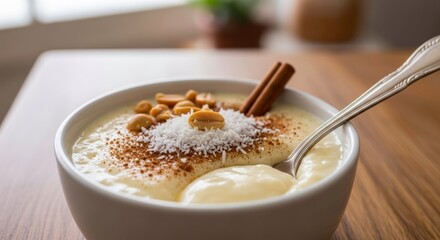 Close up of rice pudding in a white bowl with cinnamon nuts and coconut flakes