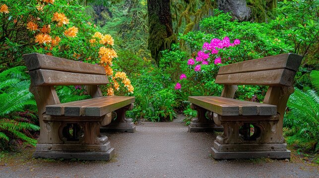 A serene garden scene featuring two wooden benches surrounded by vibrant flowers, ideal for representing tranquility, relaxation, or outdoor spaces in advertisements, blogs, or promotional materials,