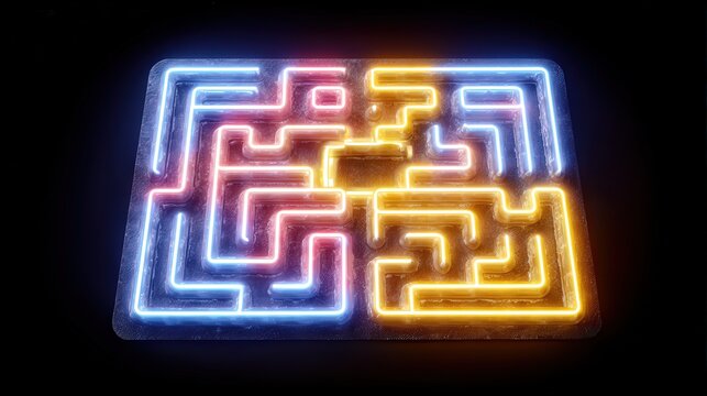 A vibrant neon maze design that is perfect for concepts related to challenges, games, or puzzles, Ideal for use in digital art, marketing materials, or as a visual metaphor for problem-solving,