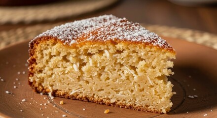 A slice of coconut cake dusted with powdered sugar on a brown ceramic plate
