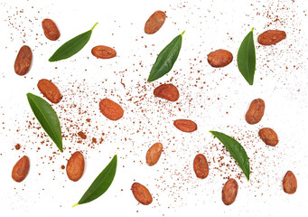 Set raw cocoa beans, powder and green leaf isolated on white background, top view, clipping pat