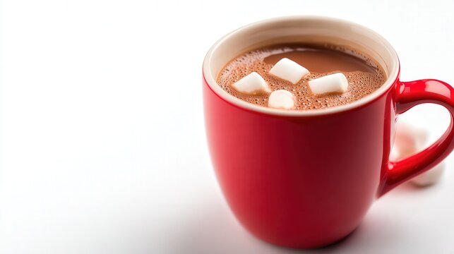 Rich hot chocolate topped with marshmallows in a vibrant red mug, perfect for cozy winter themes or culinary promotions, Ideal for blogs, advertisements, and social media content about comfort drinks - Powered by Adobe