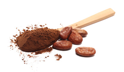 Raw cocoa beans and powder in wooden spoon isolated on white background, side view, clipping pat