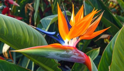 Fototapeta premium Exotic bird of paradise flower stands tall against vibrant foliage
