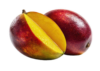 Two ripe mangoes, one halved, displayed against a black background.  The mangoes are a vibrant mix of deep red-purple and sunny yellow-gold, with visible moisture droplets. 