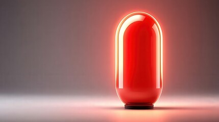 A vibrant, glowing red capsule stands against a subtle gray background, creating a striking visual, This image can be used for themes related to health, pharmaceuticals, or creativity,