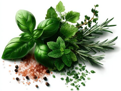 Aromatic Fresh Herbs with Himalayan Pink Salt and Black Peppercorns on White Background, Ready for Cooking