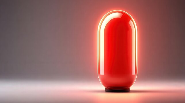 A vibrant, glowing red capsule stands against a subtle gray background, creating a striking visual, This image can be used for themes related to health, pharmaceuticals, or creativity,
