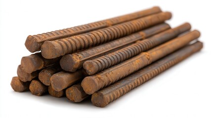 A close-up view of rusty metal rebars stacked together, highlighting their texture and condition ideal for construction, renovation, or industrial-themed projects,