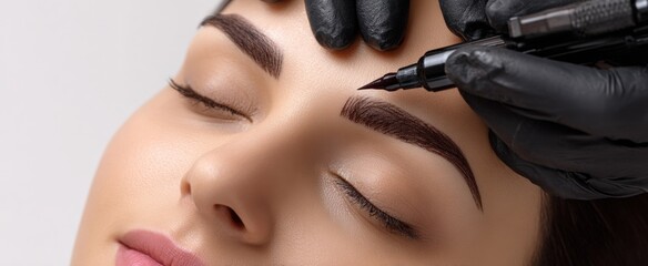 Eyebrow tinting procedure: A cosmetologist applying dye to the eyebrows of a female client.