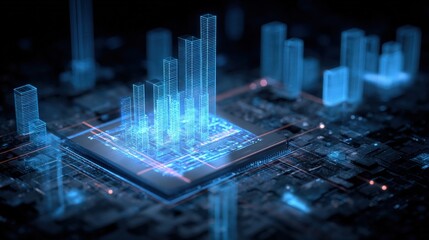Futuristic Microchip with Holographic Bar Graph Overlay Displaying Technology and Innovation in a Networked System