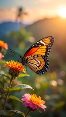 Fototapeta premium Vibrant butterfly on flower at sunset