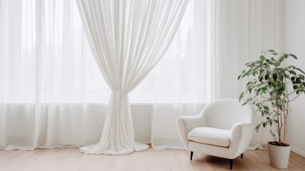 Minimalist Interior Featuring White Curtains, Armchair, and Plant for Modern Home Decor and Relaxation Concepts