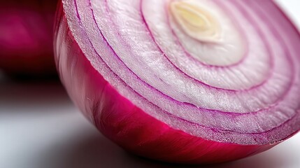 Close-up of a sliced red onion highlighting its vibrant layers and texture, perfect for food-related content, cooking blogs, or health articles discussing the benefits of onions,