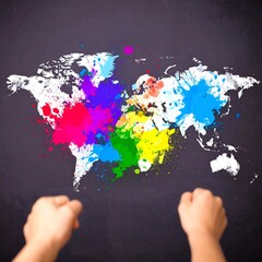 World map with colorful splashes. Two hands frame the image