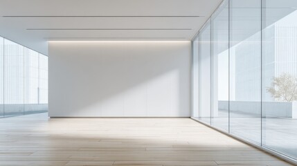 Fototapeta premium Bright Modern Empty Office Space with Large Windows and Wooden Floor for Mockup