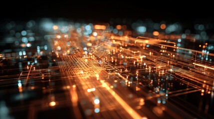 Abstract Futuristic Technology Background with Glowing Lines, Data Streams, and Circuit Board Patterns