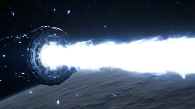 A futuristic spaceship firing a powerful energy beam weapon while in orbit above a planet.