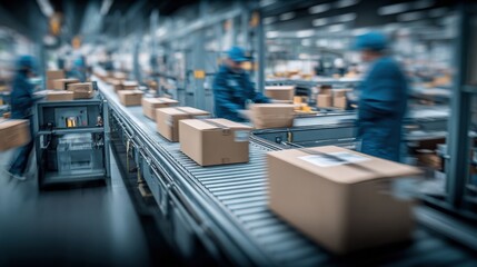 Obraz premium Automated Conveyor System Sorting Parcels in a Modern Distribution Warehouse with Workers for Shipping and Delivery