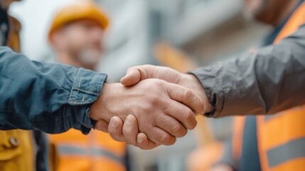 Construction Workers Handshake on Building Site, Featuring Safety Vests and Hard Hats, Symbolizing Partnership