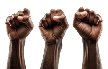 Three dark-skinned fists raised in solidarity, showcasing strength and unity against a black background