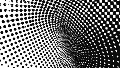 Abstract black and white pattern with dots and squares, creating a dynamic, swirling effect