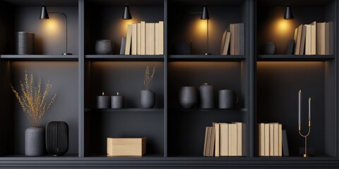 Stylish black bookcase with decorative objects, books and lighting for a modern interior design aesthetic