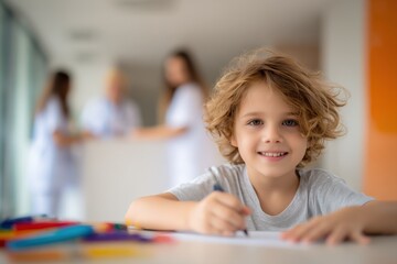 Smiling Young Boy Drawing with Colorful Markers in a Bright and Modern Setting