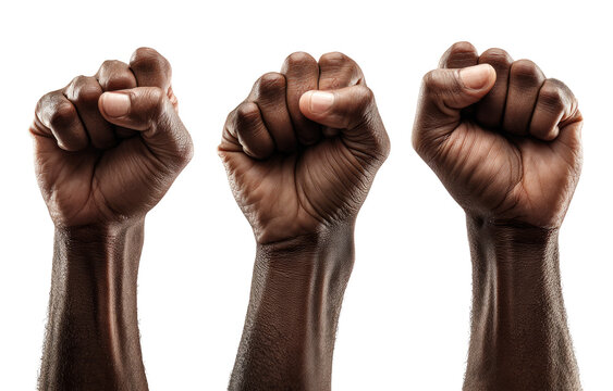 Three dark-skinned fists raised in solidarity, showcasing strength and unity against a black background - Powered by Adobe