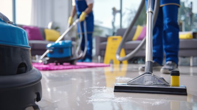 Professional Cleaning Team Vacuuming and Maintaining Tiled Floor with Modern Equipment in an Office Environment