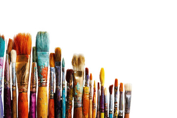 Assorted paintbrushes in various sizes and colors, tightly clustered against a dark background.  The brush tips are vividly colored, showing evidence of use