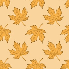 Fototapeta premium Hand drawn autumn leaves on the peach background for fabric design 