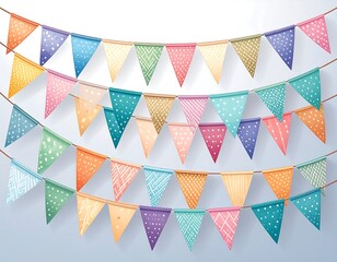 Colorful triangular flags in pastel colors, patterned with dots, stripes, and other designs, strung on a light beige rope against a light gray background