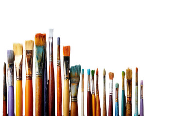 Many paintbrushes in a variety of colors and sizes, arranged in a row against a black background