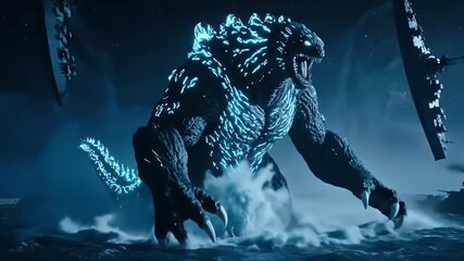 A giant reptilian sea monster with glowing fins roaring amidst a destroyed naval fleet at night.