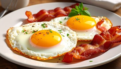 Fried eggs and bacon on a plate