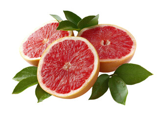 Three vibrant pink grapefruit slices nestled together, with green leaves