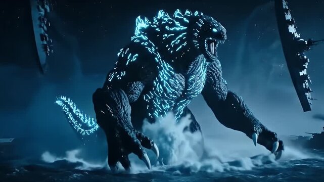 A giant reptilian sea monster with glowing fins roaring amidst a destroyed naval fleet at night.