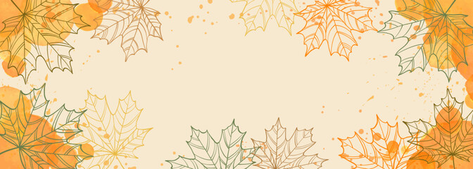 happy thanksgiving brush pen lettering. watercolor splash and linear leaves background. design holiday greeting card and invitation of american and canadian thanksgiving autumn holiday seasonal